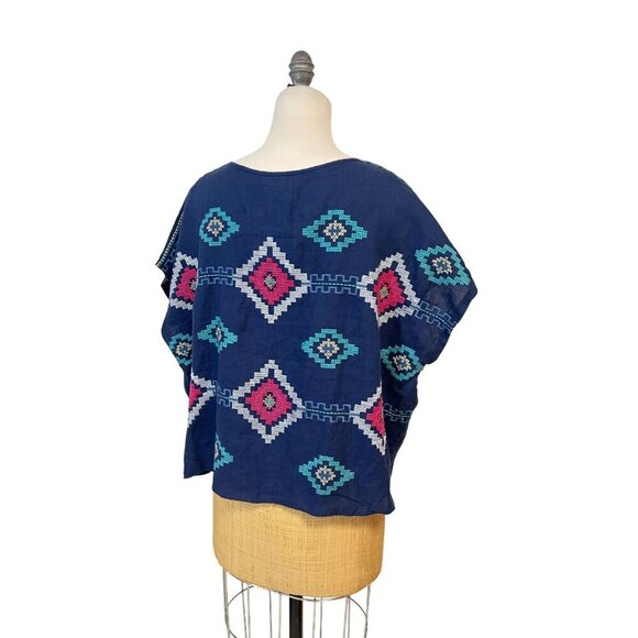 Johnny Was JW Los Angeles Boho Embroidered Linen Navy Top Small - Picture 3 of 5